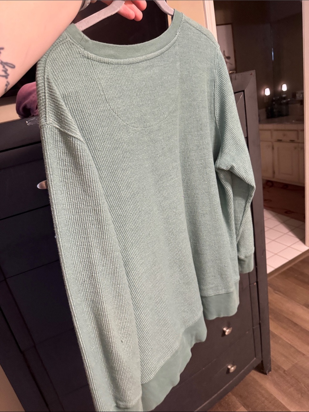 Women’s Marleylilly Pocket Crewneck Sweater - Sage Green, HAS MONOGRAM- “DKC” - Picture 5 of 6